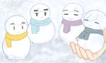  1girl :< :3 anyoji_hime black_scarf blue_scarf character_snowman closed_mouth commentary frown hasu_no_shoushihenkei holding_snowman jitome kachimachi_kosuzu katsuragi_izumi link!_like!_love_live! love_live! mikanon momose_ginko purple_scarf scarf smile snowman untranslatable_commentary virtual_youtuber yellow_scarf 