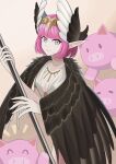  1girl absurdres bracelet breasts circe_(fate) cleavage_cutout clothing_cutout commentary_request dress fate/grand_order fate_(series) feathered_wings grey_eyes head_wings highres holding holding_staff jewelry koma315ht looking_at_viewer mage_staff metabole_piglets necklace pig pink_hair pointy_ears short_hair small_breasts smile solo staff wings 