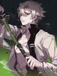  1boy absurdres black_background brown_eyes collarbone commentary_request demon_slayer_uniform gradient_background green_background grey_hair hair_between_eyes haori highres holding holding_sheath holding_sword holding_weapon jacket japanese_clothes jing_qiu123 kimetsu_no_yaiba long_sleeves looking_at_viewer looking_to_the_side male_focus muscular muscular_male open_clothes open_jacket parted_lips scar scar_on_chest scar_on_face scar_on_forehead scar_on_nose sheath shinazugawa_sanemi short_hair solo spiked_hair sword two-tone_background unsheathing upper_body weapon white_jacket 