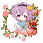  1girl black_hairband blue_shirt blush buttons chibi chibi_only chinese_commentary commentary_request eyeball fafa floral_print flower frilled_shirt_collar frilled_sleeves frills full_body hair_ornament hairband heart heart_button heart_hair_ornament highres komeiji_satori looking_at_viewer pink_flower pink_rose pink_skirt pink_slippers print_skirt purple_eyes purple_hair rose rose_print satori_day shirt skirt slippers solo third_eye touhou 