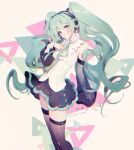  1girl aqua_eyes aqua_hair aqua_nails aqua_necktie aqua_trim arm_tattoo black_skirt black_thighhighs blush breasts closed_mouth collared_shirt commentary_request detached_sleeves feet_out_of_frame fingernails hair_between_eyes hair_ornament hatsune_miku hatsune_miku_(nt) highres layered_sleeves long_hair long_sleeves looking_at_viewer lucidsky medium_breasts miku_day nail_polish necktie number_tattoo official_alternate_costume piapro_studio pleated_skirt ribbon see-through_clothes see-through_sleeves shirt skirt sleeveless sleeveless_shirt smile solo tattoo thighhighs twintails very_long_hair vocaloid white_shirt zettai_ryouiki 