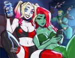  1boy 2girls alcohol bangs beer blonde_hair blue_eyes blushy-pixy bodysuit breasts cellphone cleavage colored_skin commentary crop_top dc_comics english_commentary eye_mask eyeliner eyeshadow falling fingernails green_eyes green_lips green_skin grin hand_on_shoulder harley_quinn kite_man leaning_on_person leaning_to_the_side leggings lips looking_at_viewer makeup mask medium_breasts multicolored_hair multiple_girls nail_polish navel pale_skin parted_bangs phone poison_ivy raised_eyebrows red_hair red_lips revision smile speech_bubble spread_legs tank_top tripping white_skin 