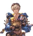  1boy bag belt black_gloves blue_eyes blue_jacket bottle candy collarbone dark-skinned_male dark_skin fingerless_gloves food gift glass_bottle gloves goggles goggles_on_head granblue_fantasy grey_eyes holding jacket joel_(granblue_fantasy) looking_at_viewer male_focus navel official_art open_clothes open_mouth solo white_day white_hair 