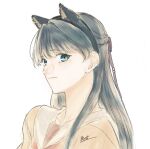  1girl aashinosoramame animal_ear_hairband animal_ears black_hair black_hairband blue_eyes blush braid brown_cardigan brown_dress cardigan cat_ear_hairband cat_ears closed_mouth commentary_request dress expressionless fake_animal_ears hairband half_up_braid half_updo hasu_no_sora_school_uniform highres link!_like!_love_live! long_hair long_sleeves looking_at_viewer love_live! murano_sayaka neckerchief portrait red_neckerchief sailor_collar sailor_dress school_uniform signature simple_background solo virtual_youtuber white_background white_sailor_collar winter_uniform 