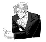  1boy ace_attorney ascot bespectacled closed_mouth frown glasses greyscale guizhidao777629 holding jacket lapels layered_sleeves long_sleeves male_focus miles_edgeworth monochrome notched_lapels parted_hair short_hair simple_background solo suit_jacket white_background 