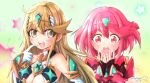  2girls absurdres bangs blonde_hair breasts chest_jewel cleavage cleavage_cutout clothing_cutout drawing dress earrings headpiece highres jewelry large_breasts long_hair multiple_girls mythra_(xenoblade) pyra_(xenoblade) red_eyes red_hair short_dress short_hair sofusan1526 swept_bangs tiara very_long_hair white_dress xenoblade_chronicles_(series) xenoblade_chronicles_2 yellow_eyes 