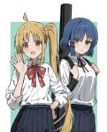  2girls ahoge black_skirt blonde_hair blue_hair bocchi_the_rock! bow bowtie commentary hair_ornament hairclip highres ijichi_nijika jitome long_hair looking_at_viewer multiple_girls open_mouth parallel_hairclips puteme red_bow red_bowtie red_eyes shirt short_hair skirt white_shirt yamada_ryo yellow_eyes 