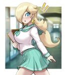  ! 1girl absurdres aqua_neckerchief aqua_skirt blonde_hair blurry blurry_background book breasts commentary earrings english_commentary hair_over_one_eye highres holding holding_book jewelry large_breasts long_hair long_sleeves looking_at_viewer mario_(series) miniskirt muis0802 nail_polish neckerchief open_mouth purple_nails rosalina school school_uniform serafuku shirt skirt solo star_(symbol) star_earrings surprised white_shirt 