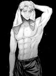  1boy abs arm_up armpits black_background collarbone commentary drying drying_hair drying_own_hair greyscale highres itadori_yuuji jujutsu_kaisen jujutsu_kaisen_modulo male_focus male_underwear male_underwear_peek monochrome navel nay_bb nipples pants pectorals short_hair solo topless_male towel towel_on_head underwear untranslatable_commentary wet 