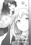  029 2girls bow bowtie breasts greyscale hataraku_maou-sama! highres large_breasts leaning_forward long_sleeves looking_at_viewer medium_breasts medium_hair monochrome multiple_girls novel_illustration official_art open_mouth plaid_bow sailor_collar sasaki_chiho school_uniform serafuku shimizu_maki_(hataraku_maou-sama!) shirt shorts smile standing star_(symbol) surprised sweat teeth thighs third-party_source two_side_up upper_teeth_only wide-eyed 