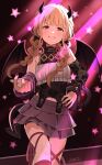  1girl absurdres beckoning black_bow black_horns black_nails black_shirt black_sleeves black_tail black_wings blonde_hair blush bow braid braided_twintails commentary_request demon_girl demon_horns demon_tail demon_wings detached_sleeves endless_dance_(idolmaster) feet_out_of_frame fingernails floral_print fujita_kotone fukanse_(jxyj7223) gakuen_idolmaster grey_skirt grin hair_bow hand_on_own_hip highres horns idolmaster lace-trimmed_sleeves lace_trim long_hair looking_at_viewer midriff_peek miniskirt nail_polish open_mouth orange_eyes print_shirt shirt signature skirt sleeveless sleeveless_shirt sleeveless_turtleneck smile solo stage_lights standing tail turtleneck turtleneck_shirt twin_braids wings 