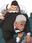  2boys age_difference anilingus ass bara black_bow black_bowtie black_hair black_pants black_tailcoat bow bowtie butler closed_eyes clothed_sex clothes_pull collared_shirt commentary facial_hair grey_hair grey_vest hand_on_another's_thigh highres long_sleeves lower_teeth_only multiple_boys mustache nose old old_man on_bed open_mouth original pants pants_pull saliva shirt short_hair shumeru_hito_(a_sumerian0112) suspenders tailcoat tan teeth thick_eyebrows untranslatable_commentary veins veiny_hands very_short_hair vest white_background white_shirt yaoi 
