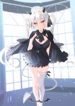  1girl absurdres arms_behind_back black_cape black_dress black_horns blurry blurry_background blush breasts cape cleavage closed_mouth commentary demon_girl demon_horns demon_tail double-parted_bangs dress feet_out_of_frame frilled_cape frilled_dress frills grey_hair highres horns large_breasts leaning_forward long_hair looking_at_viewer original red_eyes rocksnotrock short_dress single_thighhigh sleeveless sleeveless_dress smile solo stomach tail thighhighs twintails very_long_hair white_thighhighs window 
