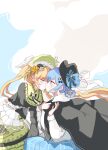 2girls black_cape black_dress black_hat blonde_hair blue_hair blush braid braided_hair_rings cape commentary_request day dress green_bonnet hair_rings hat highres kiss korean_commentary long_hair mahou_shoujo_no_majo_saiban multiple_girls outdoors sweat tachibana_sherry tono_hanna twintails yellow_eyes yuri 