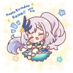  1girl :d ^_^ absurdly_long_hair blue_dress blush_stickers braid braided_bangs chibi closed_eyes commentary_request dated dress facing_viewer grey_hair happy_birthday highres hololive hololive_indonesia long_hair long_sleeves mitarashi_neko pavolia_reine ponytail puffy_long_sleeves puffy_sleeves smile solo sparkle thighhighs very_long_hair virtual_youtuber white_thighhighs 