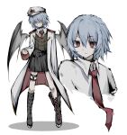  1girl absurdres asymmetrical_footwear belt belt_boots black_belt black_boots black_choker black_jacket black_skirt blue_hair boots buttons choker closed_mouth coat collared_shirt commentary_request cropped_torso double-breasted epaulettes full_body hat highres jacket lace-up_boots looking_at_viewer mismatched_footwear multiple_views necktie open_clothes open_coat peaked_cap red_eyes red_necktie remilia_scarlet shirt simple_background sketch skirt thigh_belt thigh_strap touhou white_background white_coat white_hat white_shirt z_(xhs_8778151216) 