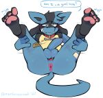 anthro anus ball_ring band-aid bandage blue_body blue_fur blush blush_lines blushingrosewood butt canid canine collar dialogue english_text feet foot_focus foreskin fur generation_4_pokemon genitals good_boy green_eyes hi_res humanoid_genitalia humanoid_penis legs_up lucario male mammal nintendo nude_anthro nude_male pawpads penis pokemon pokemon_(species) question_mark solo tail text toe_wiggle