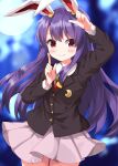  1girl animal_ears black_jacket blazer blue_background blurry blurry_background blush buttons closed_mouth collared_shirt commentary cowboy_shot crescent crescent_pin highres jacket layered_sleeves long_hair long_sleeves looking_at_viewer miniskirt necktie pink_skirt pleated_skirt purple_hair rabbit_ears rabbit_girl red_eyes red_necktie reisen_udongein_inaba ruu_(tksymkw) shirt skirt smile solo touhou very_long_hair white_shirt 