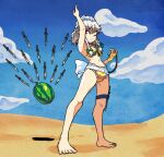 1girl arm_up bikini blue_sky border bow braid closed_mouth cloud day fingerless_gloves food fruit full_body gloves gold_bikini green_bow grey_hair hair_bow hashtag-only_commentary highres holding holding_pocket_watch izayoi_sakuya knife legs_apart long_hair maid_headdress midriff multiple_hair_bows navel one_eye_closed outdoors pocket_watch red_eyes sideways_glance sky solo standing swimsuit thekkm thigh_strap too_many too_many_knives touhou twin_braids waist_bow watch watermelon white_border yellow_gloves 