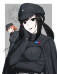  2girls artist_name black_cape black_gloves black_hair black_lips breasts cape galactic_empire_(star_wars) gloves grey_background hair_bun hand_on_own_face hat imperial_officer large_breasts light_blush military_hat military_uniform mole mole_under_eye multiple_girls pale_skin signature smile star_wars sweatdrop twintails zxpfer 