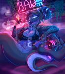 4_arms absurd_res alex_bluebird anthro bat big_breasts breasts female forked_tongue hi_res hookah mammal multi_arm multi_limb neon piercing reptile scalie smoking snake solo tongue