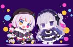  2girls :d beret black_jacket blue_background blue_dress bow chibi chibi_only commentary_request dress frilled_dress frills full_body gothic_lolita grey_hair hairband hat heterochromia highres jacket jogasaki_noah lolita_fashion lolita_hairband long_hair long_sleeves looking_at_viewer mahou_shoujo_no_majo_saiban multi-tied_hair multicolored_hair multiple_girls natsume_an-an neck_ribbon one_side_up open_mouth polka_dot polka_dot_bow purple_eyes ribbon sleeves_past_fingers sleeves_past_wrists smile standing streaked_hair umemirin00 very_long_hair white_hair yellow_eyes 