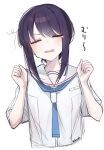  1girl absurdres blue_neckerchief blush cho_kaguya-hime! clenched_hands closed_eyes commentary cropped_torso facing_viewer hair_ornament highres loose_hair_strand neckerchief nibo_shia open_mouth peanut_mouth purple_hair sailor_collar sakayori_iroha school_uniform serafuku shirt sidelocks simple_background solo star_(symbol) star_hair_ornament translation_request twitter_username v-shaped_eyebrows white_background white_sailor_collar white_shirt 