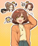  24takokai10 4girls @_@ blush brown_hair cardigan commentary_request flipped_hair flying_sweatdrops hand_on_own_head honda_mio idolmaster idolmaster_cinderella_girls index_finger_raised jewelry kawashima_mizuki long_sleeves looking_up matsuyama_kumiko multiple_girls necklace orange_cardigan outline polka_dot polka_dot_background shirt shirt_tucked_in short_hair solid_oval_eyes spoken_expression star_(symbol) star_necklace sweatdrop twitter_username white_outline yaguchi_miu yellow_shirt 