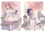  3girls absurdres akiyama_mizuki animal_ears apron asahina_mafuyu back black_hair blue_dress blue_eyes blue_hair blush boots bow braid breasts brown_eyes brown_hair butterfly_hair_ornament cherry_blossoms choker clock_print closed_mouth dress falling_petals flower frilled_apron frilled_choker frilled_dress frilled_shirt_collar frilled_skirt frills gloves green_dress grey_hair hair_bow hair_flower hair_ornament hair_ribbon highres jewelry lolita_fashion long_hair long_sleeves looking_at_another medium_breasts multiple_girls open_mouth petals petticoat pink_dress pink_hair project_sekai puffy_sleeves purple_dress purple_eyes purple_hair red_eyes ribbon roman_numeral saku8587 shinonome_ena short_hair short_sleeves skirt smile standing thighhighs twintails very_long_hair white_boots white_dress white_hair wind yoisaki_kanade 
