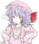  1girl ? blue_hair hands_on_own_hips hat looking_down lottie_(gravyalloverhim) pink_hat red_eyes remilia_scarlet simple_background touhou vampire white_background 