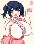  1girl apron artist_logo blue_eyes blue_hair blush bouncing_breasts breasts center_frills commentary_request covered_nipples dated frilled_shirt frills gradient_background hair_ribbon kanon_(kurogane_knights) kantai_collection large_breasts logo long_hair looking_at_viewer open_mouth pink_apron pink_skirt ribbon shirt short_sleeves skirt smile solo souryuu_(kancolle) twintails waitress white_shirt yellow_background 
