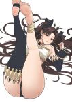  1girl absurdres ahoge ass bikini breasts brown_hair commentary earrings elbow_gloves fate/grand_order fate_(series) gloves gold gold_trim hand_on_own_hip highres hoop_earrings ishtar_(fate) jewelry long_hair looking_at_viewer lying medium_breasts mismatched_bikini navel neck_ring on_back open_mouth pinepin red_eyes simple_background single_elbow_glove single_thighhigh solo stomach swimsuit thighhighs thighs two_side_up untranslatable_commentary very_long_hair white_background 