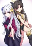  absurdres armlet ascot black_ascot black_hair commentary fate/grand_order fate/strange_fake fate_(series) fillia_(fate) flower hair_flower hair_ornament highres ishtar_(fate) jewelry long_hair long_sleeves looking_at_viewer multiple_girls notonaon red_eyes simple_background skirt smile tiara two_side_up white_hair 