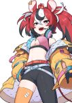  1girl absurdres belt black_gloves black_pants black_streaks blue_eyes breasts cleavage gloves hakos_baelz hand_on_own_hip headphones headphones_around_neck highres hololive hololive_english jacket looking_at_viewer medium_breasts mouse_on_head mr._squeaks_(hakos_baelz) multicolored_hair navel open_mouth pants red_hair sharp_teeth single_thighhigh smile snowmya solo streaked_hair teeth thighhighs torn_clothes torn_thighhighs two_side_up underboob virtual_youtuber white_background white_belt white_streaks yellow_jacket yellow_theme zettai_ryouiki 