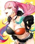  1girl absurdres black_choker black_gloves black_jacket black_shorts black_tube_top breasts choker fingerless_gloves gloves gradient_hair green_hair highres hololive hololive_english iris_(tb33064667) jacket large_breasts looking_at_viewer mori_calliope multicolored_hair pink_hair red_tube_top short_shorts shorts smile solo strapless tube_top twintails two-tone_tube_top virtual_youtuber 
