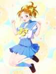  1girl :d blue_sailor_collar blue_skirt bow food fruit full_body hair_bow hands_up highres kirameki_high_school_uniform kirameki_high_school_uniform_(summer) lemon lemon_slice loafers orange_hair pink_eyes ponytail sailor_collar saotome_yumi school_uniform serafuku shoes short_sleeves sidelocks skirt smile socks solo tokimeki_memorial tokimeki_memorial_1 white_socks wineryder823 yellow_bow 