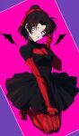  1girl black_dress black_hair boots closed_mouth commentary_request detached_wings dress elbow_gloves embarrassed frown full_body gloves highres looking_at_viewer meitantei_conan pink_background ponytail red_boots red_gloves red_ribbon ribbon see-through_cleavage see-through_clothes solo thigh_boots tkc_(tkoshinchan) tooyama_kazuha wings 