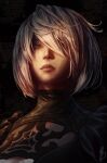  1girl blue_eyes cleavage_cutout closed_mouth clothing_cutout hair_over_one_eye highres lips max58art medium_hair mole mole_under_mouth nier_(series) nier_automata nose pink_lips puffy_sleeves realistic see-through signature solo turtleneck upper_body white_hair yorha_no._2_type_b 