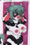 anthro big_breasts blush bovid bovine breast_grab breast_play breasts cattle ear_piercing female green_eyes green_hair hair hand_on_breast hi_res holding_breast holstein_friesian_cattle looking_down mammal mootsncompany mumei_(mootsncompany) nipple_outline nipples nude piercing simple_background solo tail tail_tuft traditional_media_(artwork) tuft
