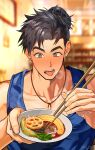  1boy bare_shoulders black_hair blue_tank_top blurry blurry_background blush brown_eyes chopsticks collarbone commentary_request covered_abs earrings eating full-face_blush hair_bun highres holding holding_chopsticks holding_plate jewelry korean_commentary large_pectorals min_(bellta) muscular muscular_male necklace overwatch pectoral_cleavage pectorals plate portrait rope_necklace spicy steam stud_earrings sweat tank_top tight_clothes tongue tongue_out wuyang_(overwatch) 