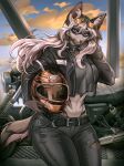 2025 5_fingers anthro armor belt bottomwear breasts canid canine canis claws clothing collar crop_top digital_media_(artwork) eyelashes eyewear facial_markings female finger_claws fingers hair head_markings headgear helmet hi_res holding_armor holding_headgear holding_helmet holding_object jacket jewelry leaning leather leather_clothing leather_jacket leather_topwear lisaamint long_hair looking_at_viewer mammal markings midriff motorcycle motorcycle_helmet necklace outside pants purple_eyes raised_arm shirt sky solo spiked_collar spikes studded_belt studs sunglasses tail thick_thighs toothpick topwear torn_bottomwear torn_clothing torn_pants vehicle watermark white_hair wide_hips wolf