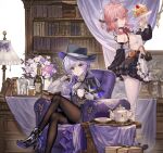  2girls ankle_boots armchair black_boots black_hair black_hat black_shorts blue_eyes blush book book_stack bookshelf boots bottle brown_pantyhose chair commentary crossed_legs cup drill_hair drill_sidelocks epaulettes female_detective_(silver_palace) flower_pot frown gloves hat head_rest high_heels highres holding holding_cup indoors long_hair long_sleeves looking_at_viewer multiple_girls pantyhose purple_hair purple_hat saint_laurent_paris saucer shirt shorts sidelocks silver_palace single_sidelock solo table tablecloth teacup teapot two-sided_fabric two-sided_headwear very_long_hair white_gloves white_shirt wine_bottle 