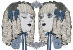  2girls black_headdress black_lips blonde_hair blue_eyes bow drill_hair faith666 gothic_lolita hair_bow highres lolita_fashion long_hair multiple_girls one_eye_closed original portrait ribbon white_background 