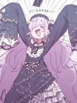  >_< 1girl :d absurdres arms_up blue_dress blue_hairband closed_eyes commentary_request dress feet_out_of_frame frilled_dress frills gothic_lolita hair_over_one_eye hairband highres lolita_fashion lolita_hairband long_hair long_sleeves mahou_shoujo_no_majo_saiban natsume_an-an negimasandayo open_mouth sleeves_past_fingers sleeves_past_wrists smile solo translation_request very_long_hair white_hair xd 