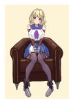  1girl ankle_boots armchair armored_boots assault_lily bare_shoulders blonde_hair blue_sailor_collar blue_skirt blunt_bangs blush boots border breasts chair closed_mouth commentary crop_top detached_sleeves drill_hair drill_sidelocks full_body garter_straps gauntlets gem gem_hair_ornament hands_on_lap head_tilt highres imamura_yukari_(assault_lily) knees_together_feet_apart large_breasts long_sleeves looking_at_viewer miniskirt neckerchief odaiba_girls_high_school_uniform on_chair purple_boots purple_eyes purple_neckerchief purple_thighhighs red_gem sailor_collar school_uniform serafuku shirt short_hair sidelocks simple_background sitting skirt sleeveless sleeveless_shirt smile solo thighhighs underbust washi-san white_border white_shirt yellow_background 