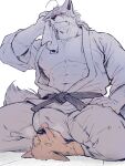 2026 abs absurd_res ambiguous_species anthro anthro_on_anthro big_muscles big_pecs black_nose blush breath bulge bulge_lick bulge_on_face canid canine canis duo facial_scar hair hi_res keikogi kneeling licking long_hair lying male male/male mammal martial_arts_uniform morenatsu muscular muscular_anthro muscular_male navel nipples on_back pecs pinned pinned_to_ground restricted_palette saury_(artist) scar simple_background sportswear straddling tail ten_kodori tongue towel white_background wolf yellow_eyes