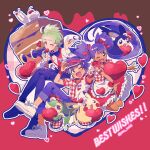  1girl 2boys ;d ash_ketchum blush brown_background buttons cake cake_slice cherry cilan_(pokemon) commentary_request cupcake dark-skinned_female dark_skin dress emolga food frilled_dress frills fruit full_body green_eyes heart highres iris_(pokemon) looking_at_viewer multiple_boys one_eye_closed open_mouth outline pants pikachu plaid_clothes plaid_shirt pokemon pokemon_(creature) pokemon_bw purple_eyes purple_hair purple_pants purple_shoes red_background red_dress red_eyes red_shirt serizawa_serizane shirt shoes short_hair short_sleeves short_twintails smile sneakers snivy twintails twitter_username two-tone_background valentine white_outline white_shoes 