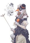  1girl bare_shoulders black_dress black_hat braces brown_eyes brown_hair chibi chibi_inset chichan54_(clubhappy) clothing_cutout commentary_request dress hat highres holding holding_rod juliet_sleeves long_hair long_sleeves mini_hat mini_top_hat multiple_views official_alternate_costume plague_doctor_mask puffy_sleeves reverse:1999 rod see-through_clothes see-through_veil shoulder_cutout tooth_fairy_(reverse:1999) top_hat upper_body veil white_background 