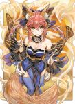  1girl animal_ear_fluff animal_ears artist_logo artist_name b.c.n.y. bangs bare_shoulders blue_bow blue_kimono blue_legwear blush bow breasts cleavage closed_mouth commentary detached_collar detached_sleeves double_fox_shadow_puppet fate/extra fate/grand_order fate_(series) fox_ears fox_girl fox_shadow_puppet fox_tail hair_between_eyes hair_bow highres japanese_clothes kimono large_breasts long_sleeves looking_at_viewer obi pelvic_curtain pink_hair pink_nails sash sidelocks smile solo split_ponytail tail tamamo_(fate) tamamo_no_mae_(fate/extra) thighhighs wide_sleeves yellow_eyes zettai_ryouiki 