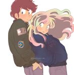  1boy 1girl black_jacket blue_jacket blush bomber_jacket brown_eyes brown_hair closed_mouth cowboy_shot green_eyes grey_pants hand_in_pocket hands_in_pockets hetero horns jacket leaning_back long_hair lum miyuki_(hoshikuzumiyuki) moroboshi_ataru multicolored_hair pants pointy_ears rainbow_hair short_hair sidelocks smile twitter_username urusei_yatsura white_background 